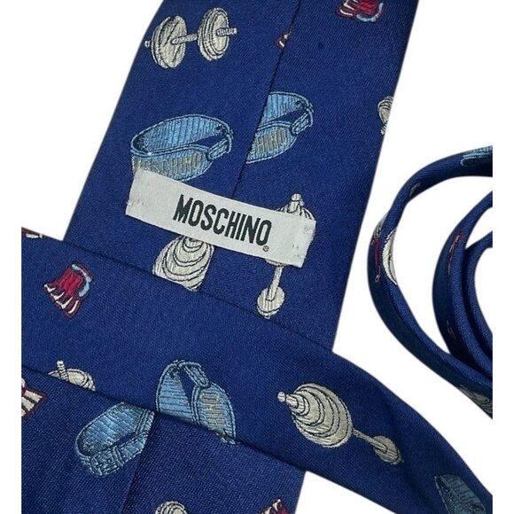 MOSCHINO Men's 100% Silk Necktie LUXURY Tie Blue Bodybuilding W:3.6" EUC - Picture 2 of 5
